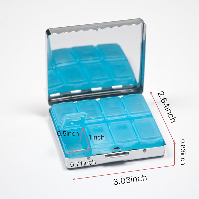 Silver Vintage Pill Box 7 Day Metal Pill Box with Mirror and 8 Compartments Cute Travel Pill Organizer for Purse (Cow Sunflower Leopard)