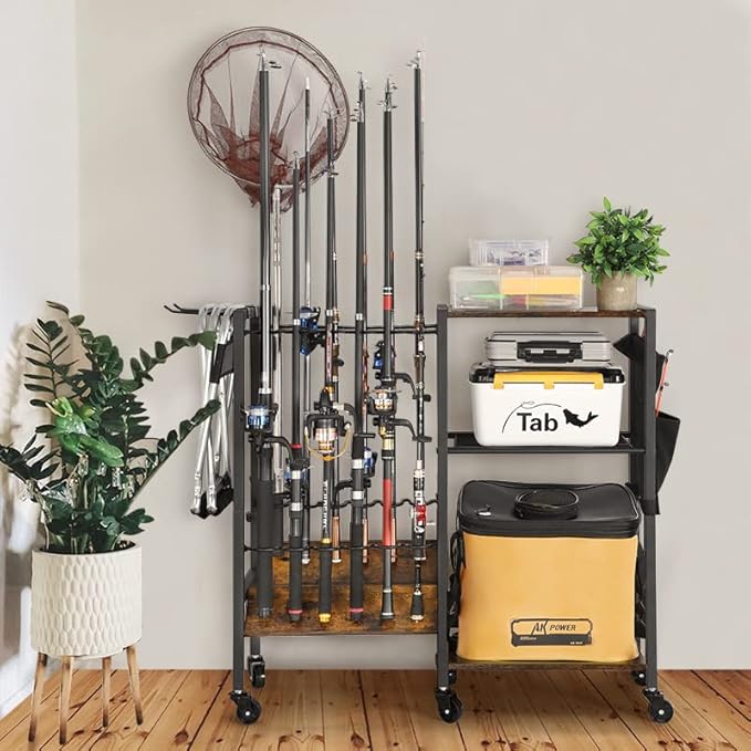 Olakee Fishing Rod Holder, Fishing Pole Holders for Garage Boat Home Entryway Fishing Gear Storage with Tackle Cart Ideal Gift for Men Dad Anglers Corner Design for Rods and Equipment Organizers