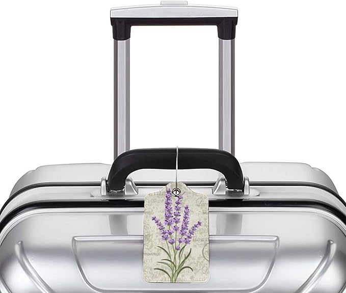 2 Pcs Purple Lavender Luggage Tags for Women Girls Travel, Cute Flower PU Leather Bag Tags Baggage for Suitcases with Stainless Steel Loop & Privacy Name ID Card Cover Identifiers Labels Set