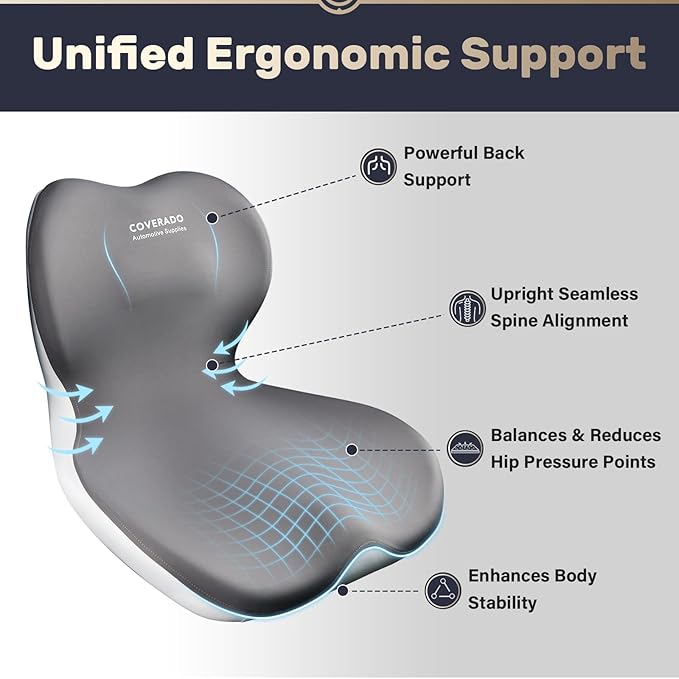 Coverado Car Seat Cushion and Lumbar Support Pillow One Piece, Memory Foam Ergonomic Back Support Driving Seat Cushion for Back Pain, Non-Slip Washable Cushion for Car, Driver, Office