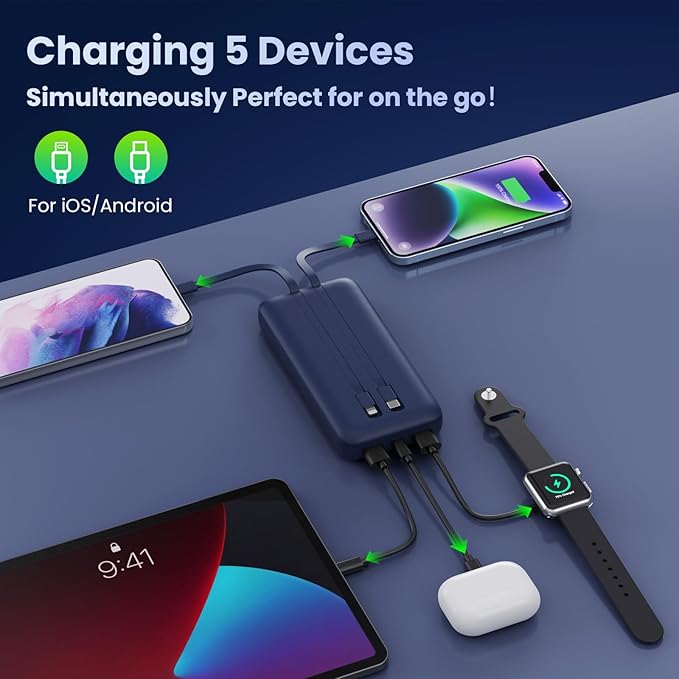 Portable Charger 40,800mAh Power Bank, 25W PD QC 4.0 Fast Charging Portable Phone Charger with Built-in Cables,LCD Display USB C Battery Pack Compatible with iPhone 16/15/14,Android Samsung (Blue)