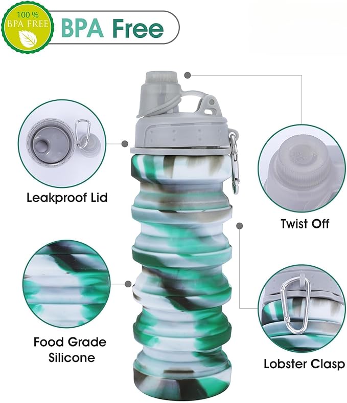 Collapsible Water Bottle for Adults, Boys, Students, Kids, Reusable Silicone Foldable Water Bottles for Travel Camping Hiking, Portable Sports Water Bottle, Gray & Green