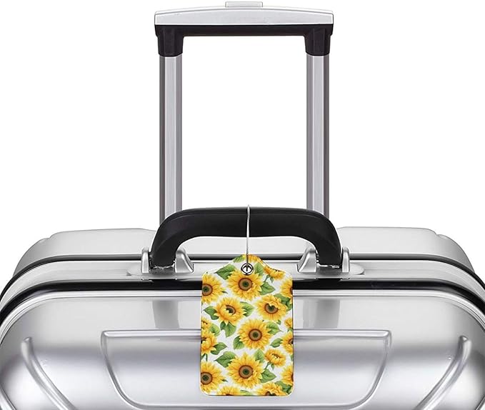 Lovely Sunflower Leather Luggage Tag with Stainless Steel Ring, Fun Name Id Card Cover Travel Bag Tag Set, Suitable for Travel Bag Luggage Women Men 4 PCS