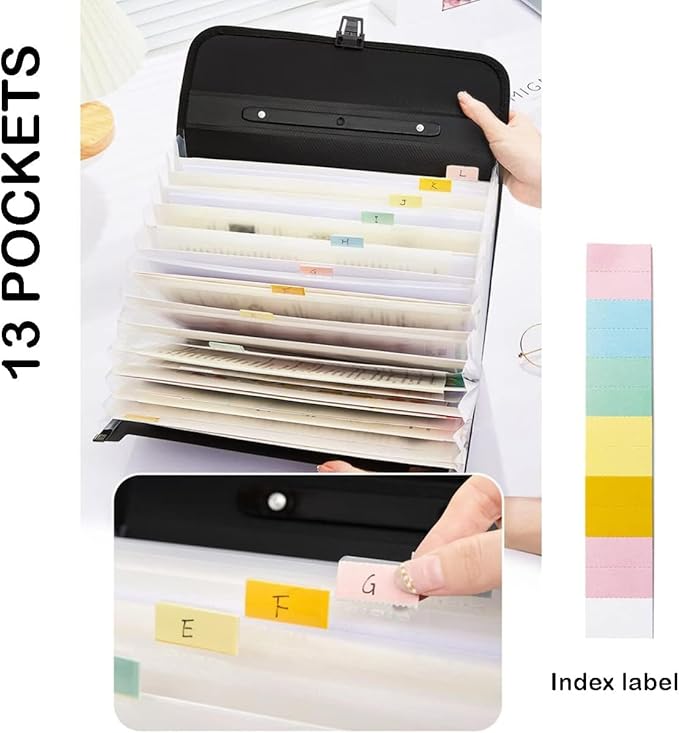 12 Pockets Letter Size/A4 Accordion File Organizer with Handle, TRANBO Expanding File Folder, Portable Paper Organizer, Expandable Plastic Document Organizer for Travel School Office - Black