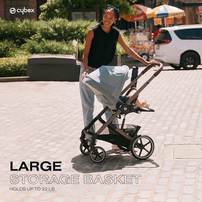Cybex Balios S Lux Toddler and Baby Stroller with Reversible Seat, Unique One-Pull Harness, and Multiple Recline - Travel System Ready, with One Hand Fold, Silver Frame/Ocean Blue Seat