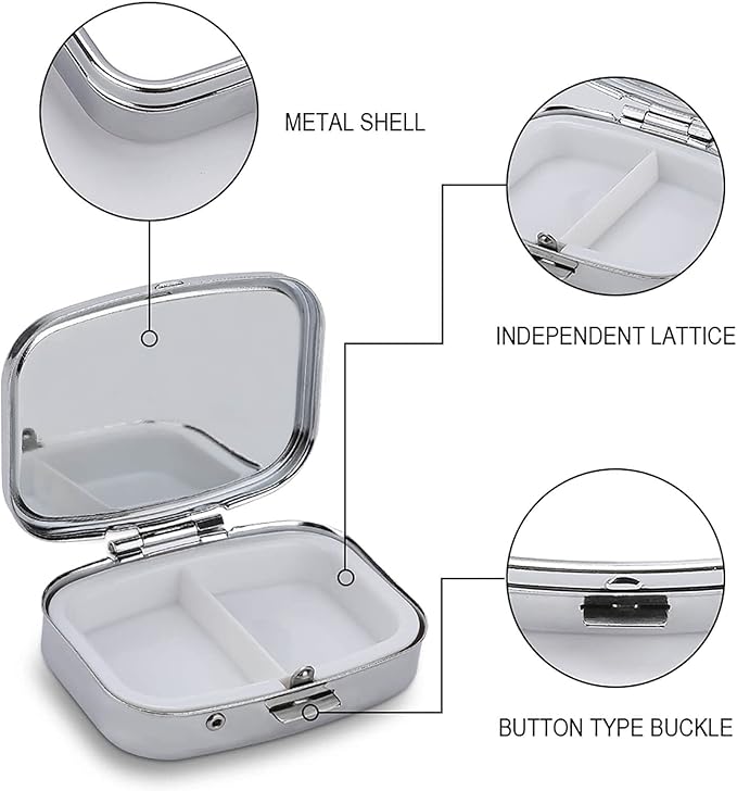 Metal 2 Compartment Pill Organizer Travel Friendly Portable Compact Pill Box Cute Pill Case to Hold Vitamins,Fish Oil,Supplements,Meds,Tablet for Purse,Pocket. (Last)