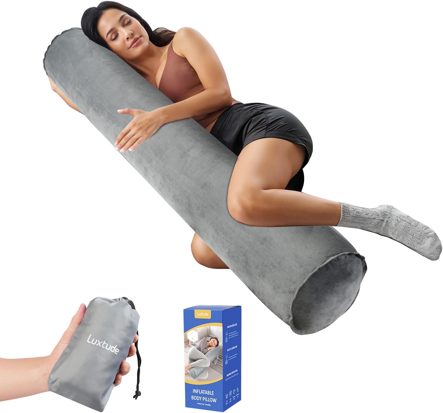 Inflatable Body Pillow for Adults Kids, Travel Body Pillow | 47Inch Long Round Pillows for Side Sleeper, Soft Round Bolster Pillow for Camping, Hugging Sleeping, Back, Leg etc.