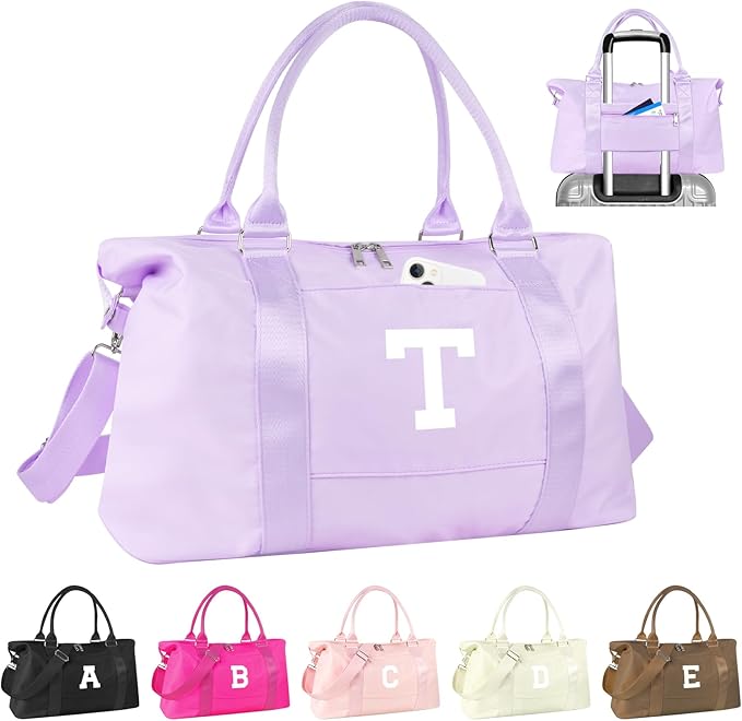 Daughter Niece Gifts for Teen Girl Kids, Initial Travel Duffel Bag Sports Gym Bag Personalized Gifts Weekender Bag，Monogram Overnight Bag Cute Dance Bag Birthday Bridesmaid Gifts for Women(Purple, T)