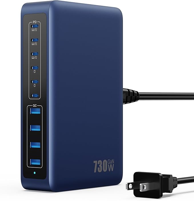 730W USB C Charger Block,10-Ports GaN V Fast Charging Station Hub,QC4.0+3 PD 100W Laptop Charger Wall Power Adapter for MacBook Pro/Air,DELL,iPhone 17/16/15/14,iPad,Galaxy S25,Pixel,Steam Desk-Navy