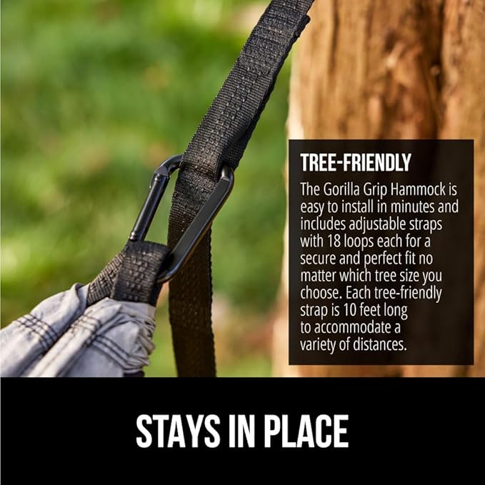 GORILLA GRIP Durable Portable Camping Hammock, Holds 400lbs with Heavy Duty Tree Straps, Comfortable Travel Swing, Camp Hammocks, Easy to Use and Install, Outdoor Essentials, Black, 9x4.5 FT