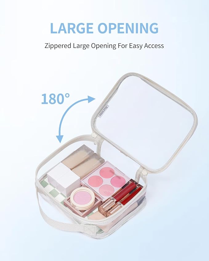 Narwey TSA Approved Clear Toiletry Bag for Travel, Waterproof PVC Clear Makeup Bags, Portable Compact Cosmetic Bag Make Up Organizer, Airport Airline Quart Size Compliant Bag (Mint Green Checkerboard)