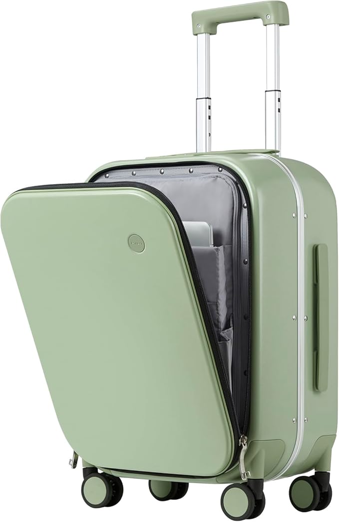 mixi Carry On Luggage, 20'' Suitcase with Front Laptop Pocket, Travel Rolling Luggage Aluminum Frame PC Hardside with Spinner Wheels & TSA Lock and Cover - Avocado Green