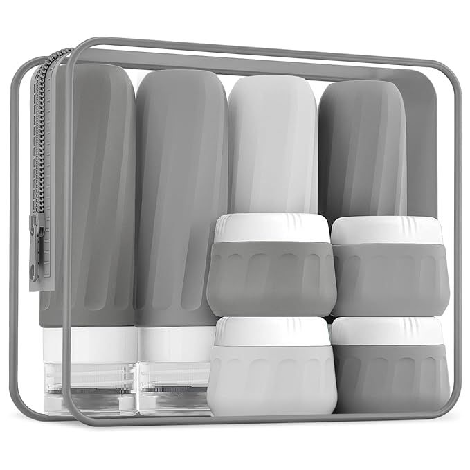 Travel Bottles for Toiletries 8 Pack, Travel Size Toiletries, Tsa Approved Travel Size Containers 3oz, with Travel Essentials Clear Bag, Leak Proof Silicone Squeezable Creams Jars