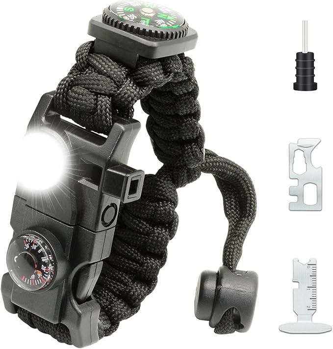 20 in 1 Survival Paracord Bracelet Adjustable Gear Kit with SOS LED Light, Fire Starter, Bigger Compass, Survival Whistle, Perfect for Camping, Hiking, Fishing
