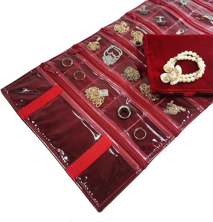 Travel Jewelry Roll Bag Portable Organizer Pouch With Grids&PVC Cover Storage Bags for Necklace, Bracelet, Bracelet,Ring, Badge, Pendant