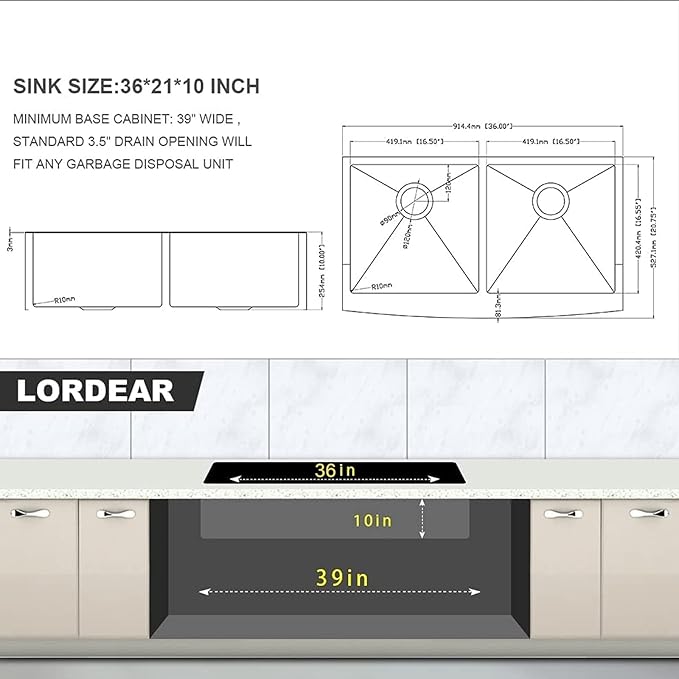 36 Farmhouse Sink Stainless Steel - Lordear 36 inch Kitchen Sink Double Bowl 50/50 Stainless Steel 16 Gauge Apron