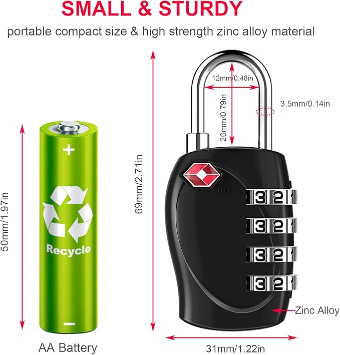 ZHEGE Luggage Locks TSA Approved, Zipper Locks for Suitcase, Backpack, Tent, 4 Digit Small Combination Padlocks for Travel, Gun Case, Gym Lockers (Black, 2 Pack)