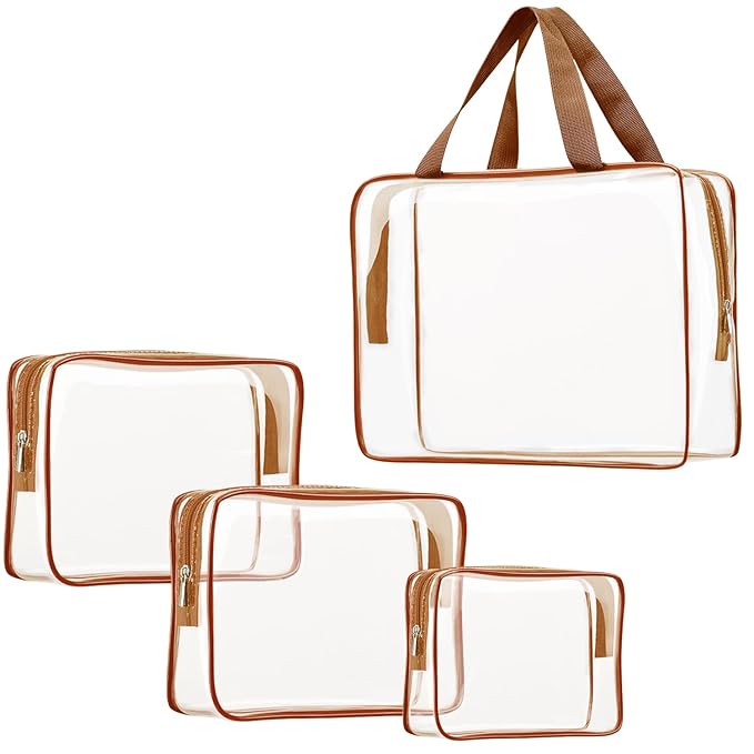 4Pcs Crystal Clear PVC Travel Toiletry Bag Kit for Women Men, Waterproof Vinyl Packing Organizer Storage Bags with Zipper Handle Straps, Cosmetic Pouch Carry on Airport Airline Compliant Bag Handbag
