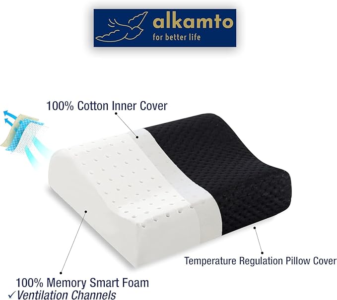 Travel & Camping Comfortable Memory Foam Pillow – Easy to Carry Portable Bag – Temperature Regulating Pillow Case (Black Contour + Extra Cover)