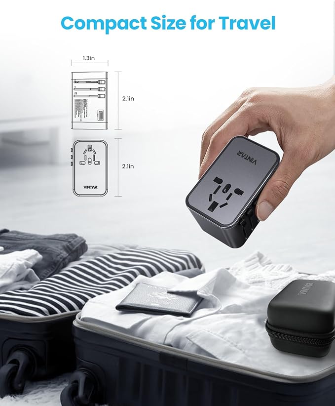Universal Travel Adapter, VINTAR 75W GaN International Power Adapter with 3 USB C PD and 2 USB A QC, All in One Travel Essentials for UK/EU/USA/AUS, Travel Adapter Worldwide for Laptops Phones, Grey