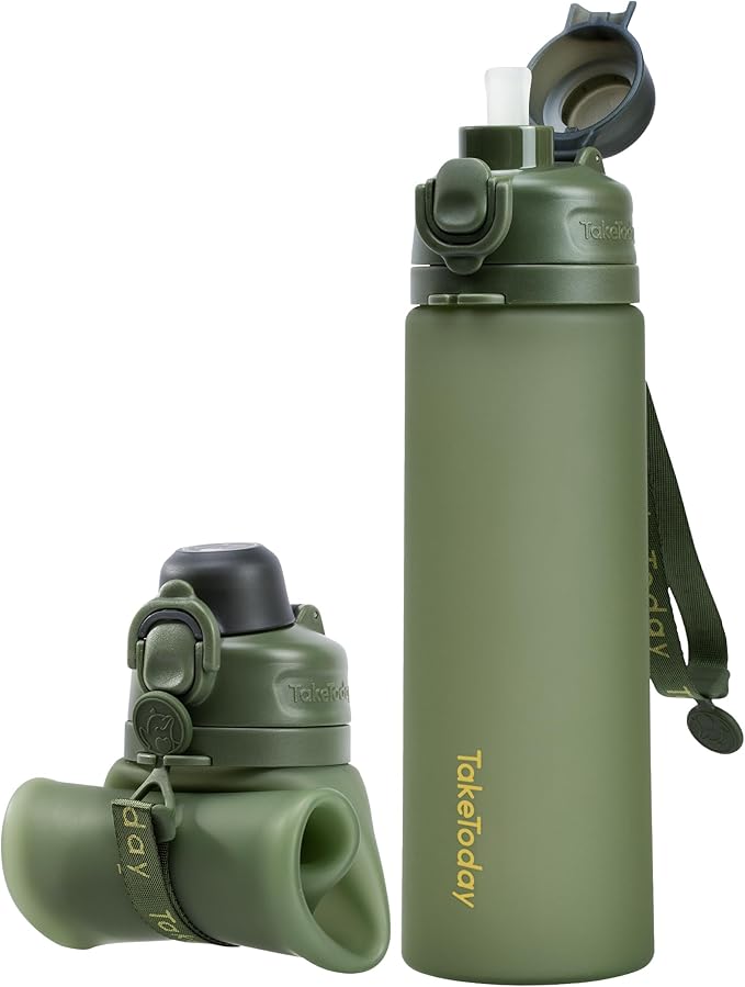 TakeToday Collapsible Water Bottles 20oz, Leak Proof, BPA-Free, Foldable Silicone Travel Water Bottle with Straw Strap for Cycling, Hiking, Outdoors