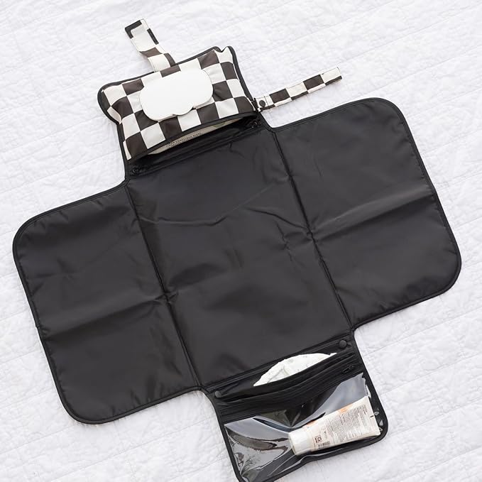 Tiny Twinkle Portable Diaper Changing Pad-Foldable Waterproof Changing Mat&Portable Changing Pad for Travel,Baby Changing Station with Smart Wipes Pocket&Storage (Black Checkers)