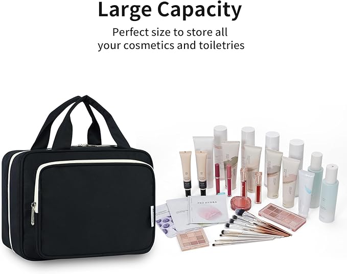 Travel Toiletry Bag for Women Large Hanging Makeup Bag Organizer Toiletries Bag for Full Size Essentials Accessories Cosmetics (Black (Large))