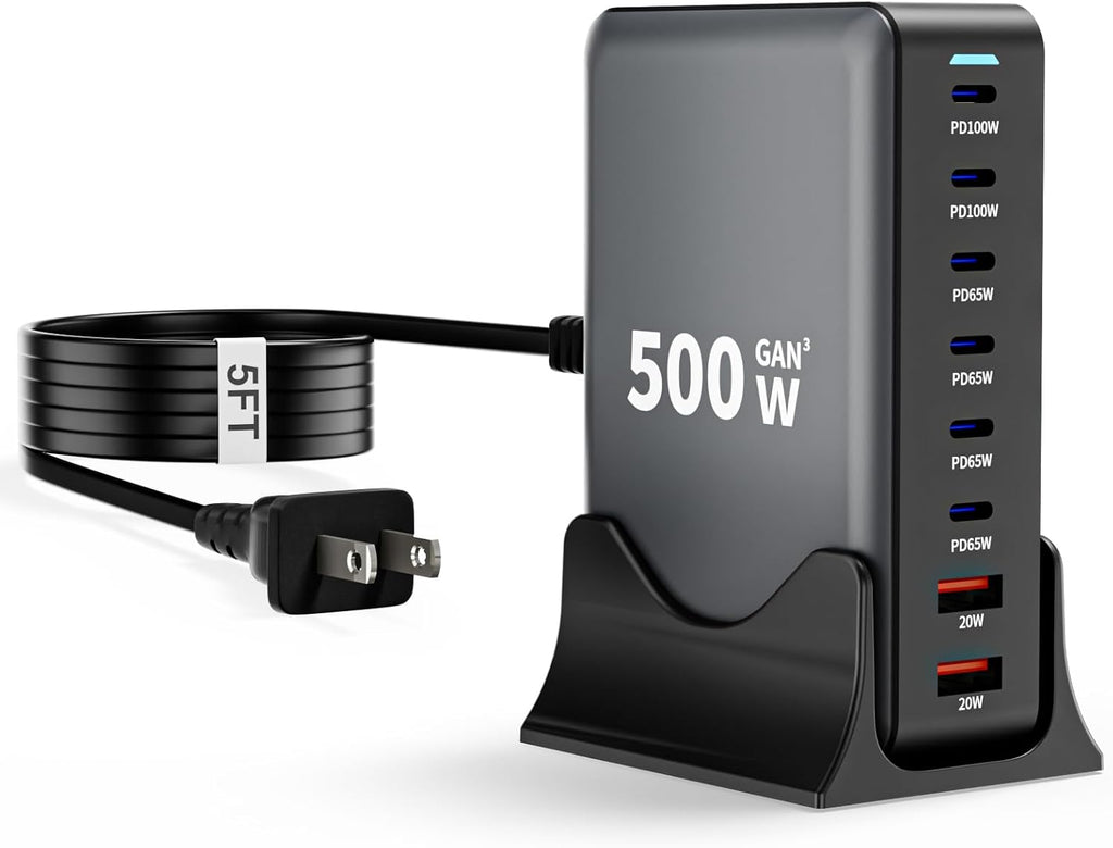 USB C Charger Block, 500W GaN 8 Port USBC Charging Station USB Hub Block Cube with PD3.0 Type C & USB A Wall Charger Power Adapter for Multiple Devices Apple iPhone 17/16/15,MacBook Pro/Air,iPad-Black