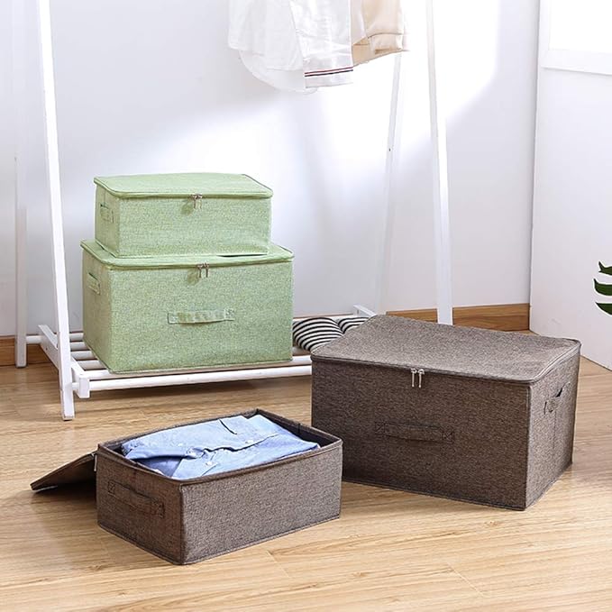 ANMINY 3PCS Storage Bins with Zipper Lids 51.9 Qt Lidded Fabric Storage Boxes Baskets Cubes with Handles Collapsible Washable Cotton Linen Closet Shelf Clothes Organizer - Green, Extra Large