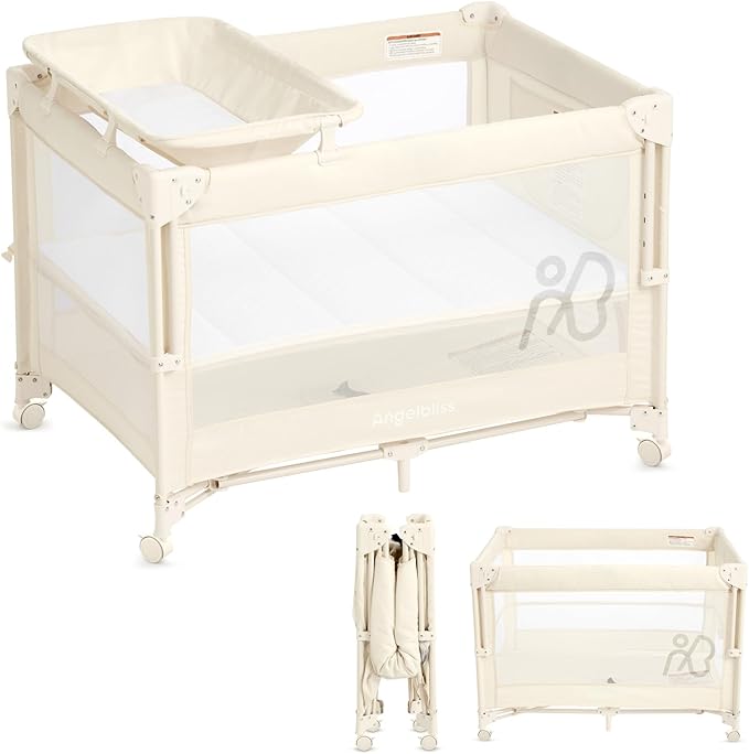 ANGELBLISS Baby Bassinet Bedside Crib, Pack and Play with Mattress, Diaper Changer, One-Push Setup Playards from Infants to Toddlers (Beige)
