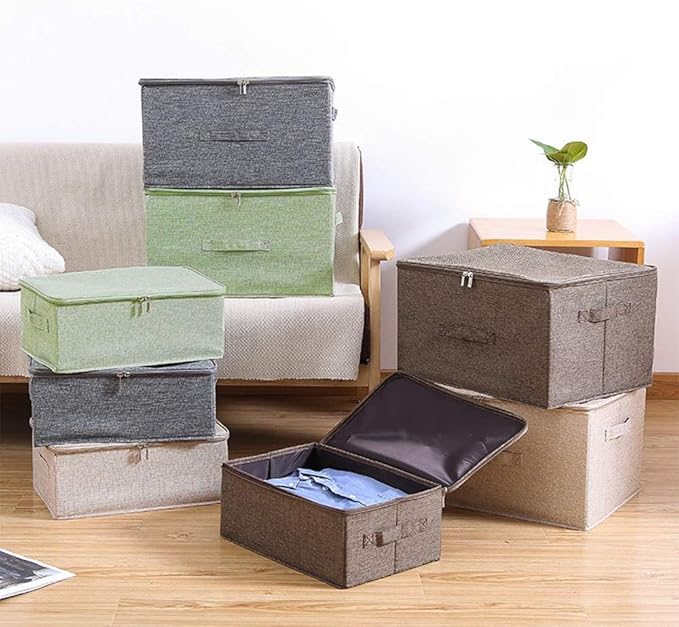 ANMINY Storage Bins with Zipper Lids 13 Qt Lidded Fabric Storage Boxes Baskets Cubes with Handles Collapsible Washable Cotton Linen Closet Shelf Clothes Organizer Containers - Coffee, Small