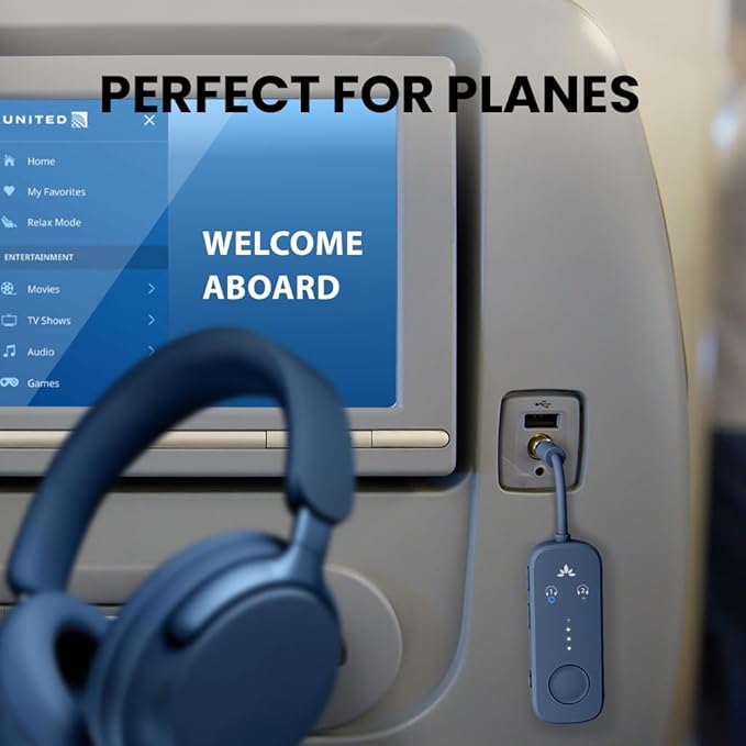 Avantree Relay - Airplane Bluetooth 5.3 Adapter with Qualcomm aptX Adaptive, Supports 2 AirPods or Headphones, 20Hr Playtime, 3.5mm AUX Wireless Audio Transmitter for Travel Flight, Airline, Gym
