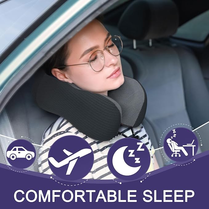 napfun Neck Pillow for Traveling, Upgraded Travel Neck Pillow for Airplane 100% Pure Memory Foam Travel Pillow for Flight Headrest Sleep, Portable Plane Accessories, Striped Black