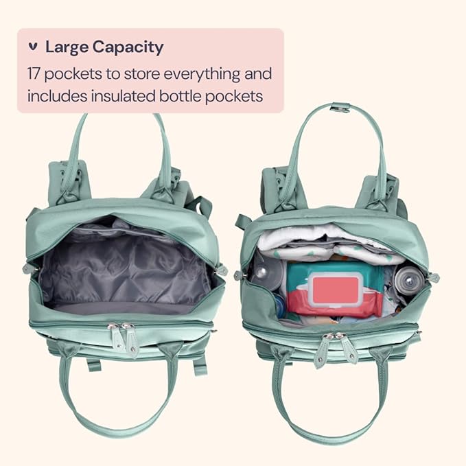 BabbleRoo Diaper Bag Backpack - Baby Essentials Travel Bag - Multi Function Water Resistant Diaper Bag, Travel Essentials Baby Bag with Changing Pad, Stroller Straps & Pacifier Case – Sage Green