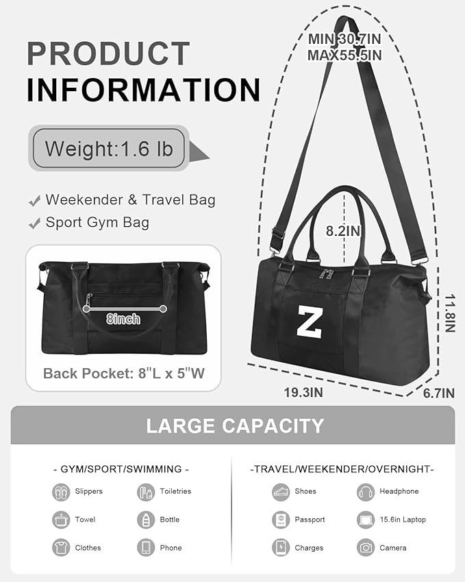 Initial Travel Duffel Bag Sports Gym Bag for Boys Teen Birthday Gifts,Black Personalized Weekender Bag Carry On Tote Bags for Men,Waterproof Overnight Luggage Bag Airplane Travel Essentials(Letter Z)