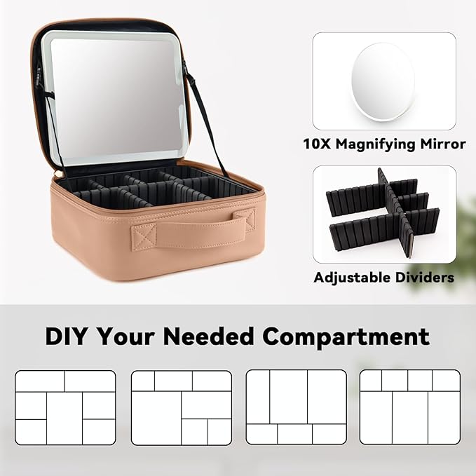 Travel Makeup Bag with LED Mirror and 10x magnifying glass with 3 Lighted Settings, Adjustable Dividers and Makeup Brush Storage Bag Khaki