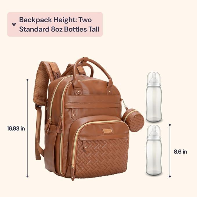 BabbleRoo Leather Diaper Bag Backpack - Baby Essentials Travel Baby Bag, Multi function, Water Resistant, with Changing Pad, Stroller Straps & Pacifier Case – Unisex, Natural Brown