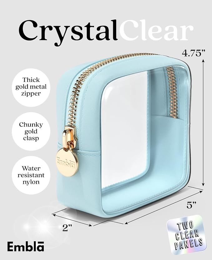 Embla Clear Makeup Bag Zipper Pouch, Transparent Cosmetic Case Organizer, TSA Approved Travel Toiletry Case, Travel Accessories Essentials Makeup Tote for Women, Mini Cute Make up Bag for Purse - Sky