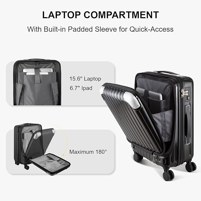 LEVEL8 Grace Carry on Luggage, 20 Inch Hard Shell Suitcases with Spinner Wheels, Abs+Pc Hard Case Luggages with Tsa Lock, Black