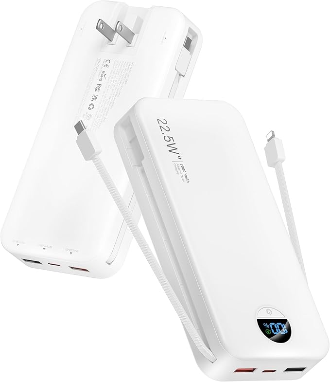 Portable Phone Charger, 20000mAh 22.5W Type C Charger Fast Charging with Built-in Cable & Wall Plug, Portable Power Bank with LED Display, Travel Essential Battery Pack for iPhone, iPad, Samsung White