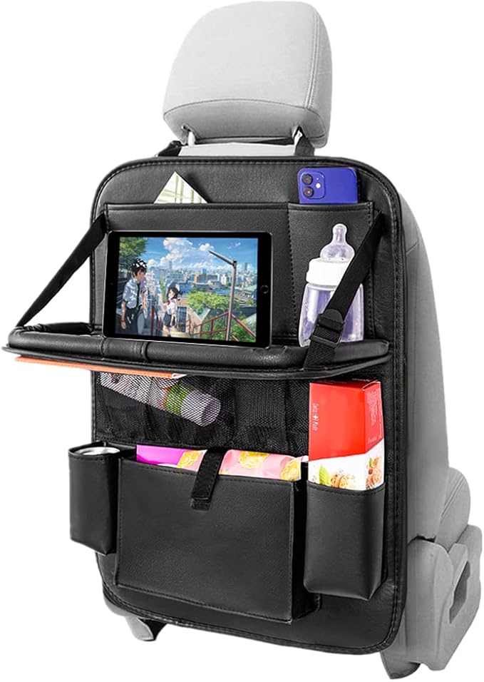 Leather Car Backseat Organizer with Tablet Holder - 9 Large Storage Pockets, Foldable Food Tray & Anti-Scratch Kick Mats - Universal Car Seat Protector for Kids, Pets & Travel Accessories 1 Pack