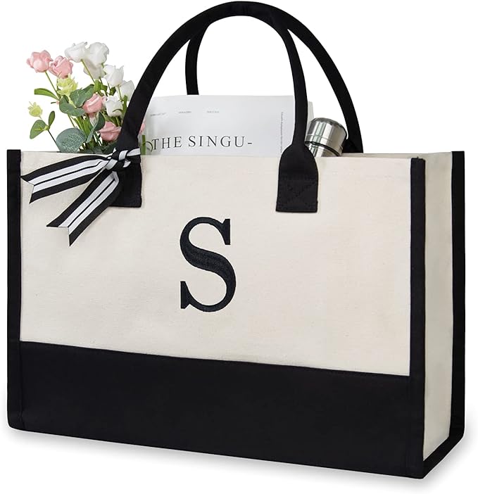 TOPDesign Embroidery Initial Canvas Tote Bag, Personalized Present Bag, Suitable for Wedding, Birthday, Beach, Holiday, is a Great Gift for Women, Mom, Teachers, Friends, Bridesmaids (Letter S)