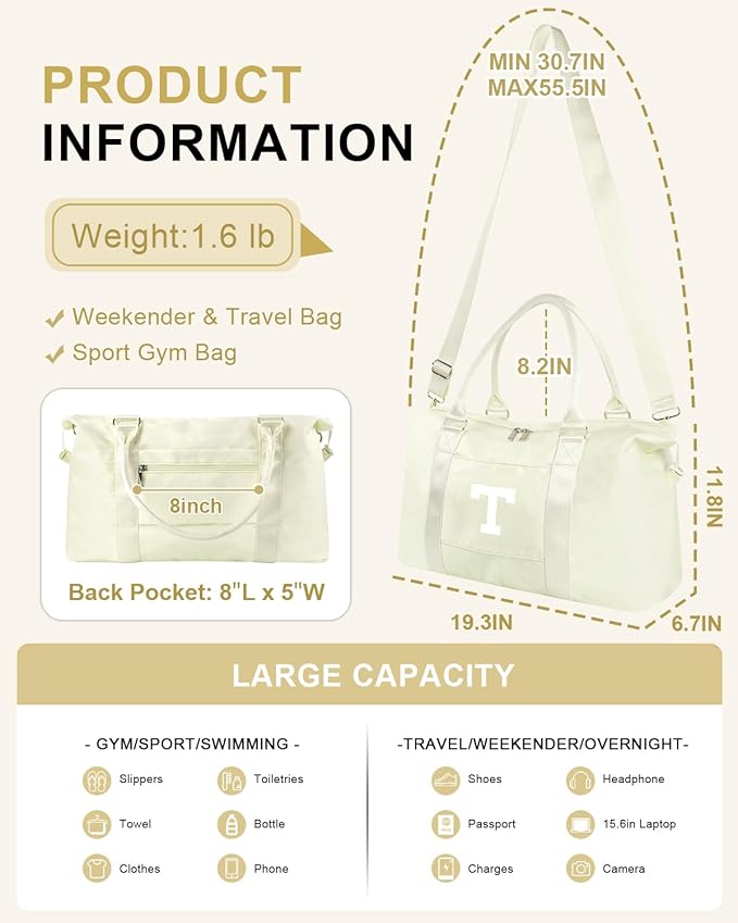 Initial Travel Duffel Bag Sports Gym Bag for Kids Teen Birthday Gifts,Beige Personalized Weekender Bag Carry On Dance Bags for Women Men,Waterproof Monogram Overnight Bag with Trolley Sleeve(Letter T)