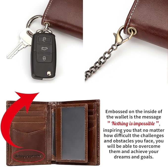 Holder for AirTag Men's Wallet Genuine Leather Purse RFID Blocking Bifold with Anti-Theft Chain,Brown with Gift Box (Brown)
