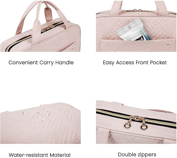 BAGSMART Toiletry Bag Travel Bag with Hanging Hook, Water-resistant Makeup Cosmetic Bag Travel Organizer for Accessories, Shampoo, Full-size Container, Toiletries (Light Pink, Medium)