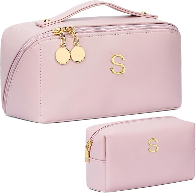 Birthday Gifts for Women Teen Girl, Personalized Initial Makeup Organizer Bag Set, Open Flat Travel Cosmetic Bag With Clear Divider and Handle(Pink,S)