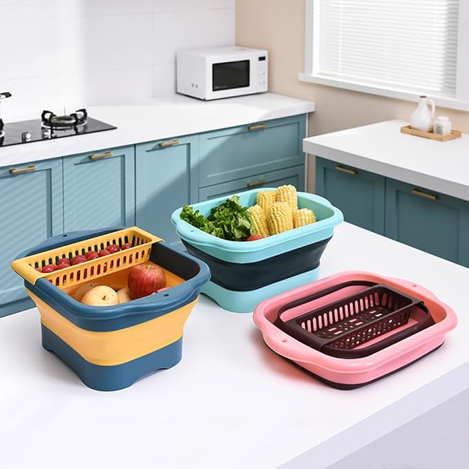 2.98 Gallon (11.28L) Collapsible Dish Basin with Drain Plug, Outdoor Multiuse Foldable Sink Tub, Dishpan, Wash Basin, Portable Kitchen Storage Tray for Camping, RV, Beverage Bucket (Yellow)