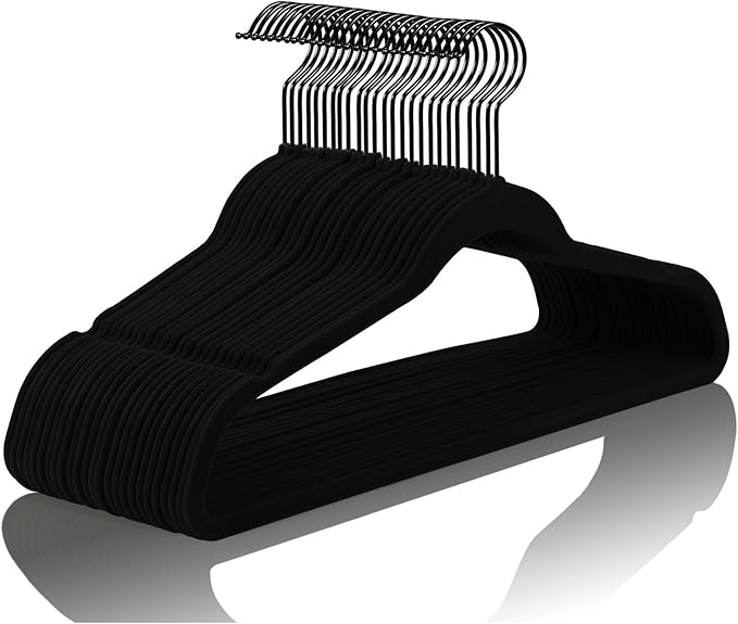 MIZGI Premium All Black Velvet Hangers with Black Hooks (30 Pack) Heavy Duty - Non Slip Felt Hangers - 360 Degree Swivel,Space Saving Clothes Hanger,Durable Strong Hanger for Suits,Coat