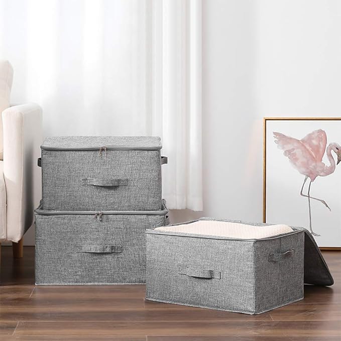 ANMINY 3PCS Storage Bins with Zipper Lids 51.9 Qt Lidded Fabric Storage Boxes Baskets Cubes with Handles Collapsible Washable Cotton Linen Closet Shelf Clothes Organizer - Gray, Extra Large