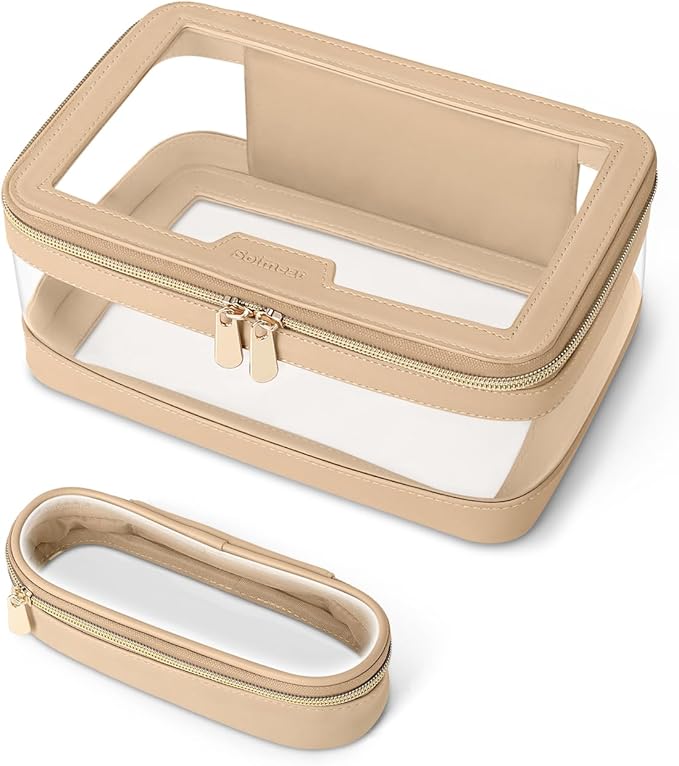 Travel Clear Makeup Bag with Makeup Brush Bag, Leather Makeup Case Toiletry Bag, Portable Cosmetic Bag Case, Transparent Waterproof Cosmetic Organizer Storage Bag for Women, Khaki